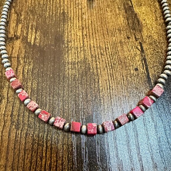 Handmade Square Gemstone Necklace with Navajo Beads 15 to 20 Inches - Picture 2 of 7